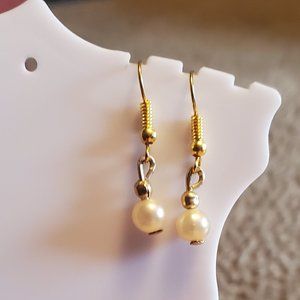 Gold Tone Faux Pearl Dangle Hook Earrings Artisan